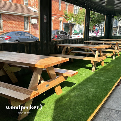 Experience the charm of outdoor dining with our solid hardwood picnic tables, designed for durability and style in any setting