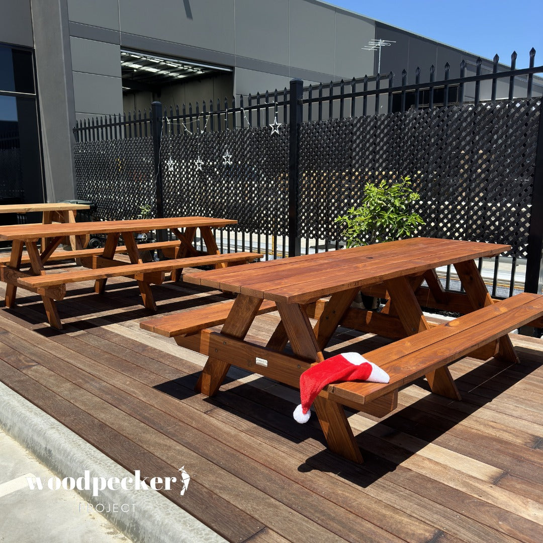 Gather 'round this solid wooden picnic table for those cherished outdoor get-togethers, offering plenty of room for everyone to relax and enjoy each other's company amidst nature's beauty