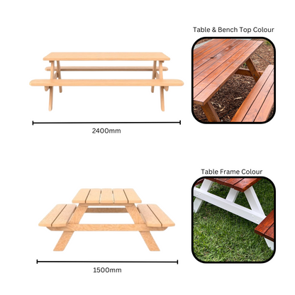 Sturdy pine and hardwood picnic table set for family BBQs and park picnics.