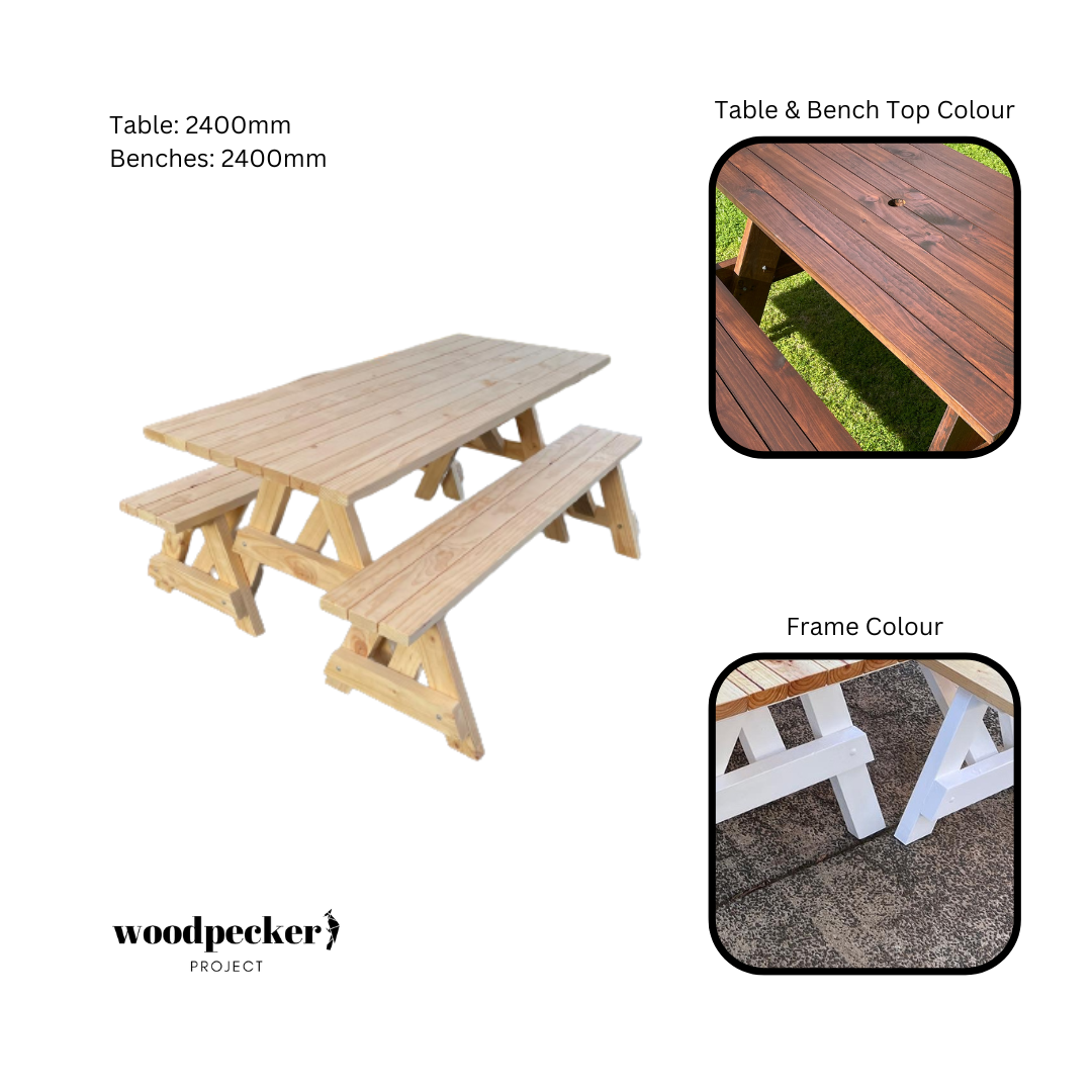 A high-quality picnic table set with a natural wood finish, designed for durability and comfort in any outdoor setting