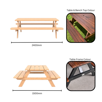 Rustic picnic table with benches, constructed from pine and hardwood for outdoor dining