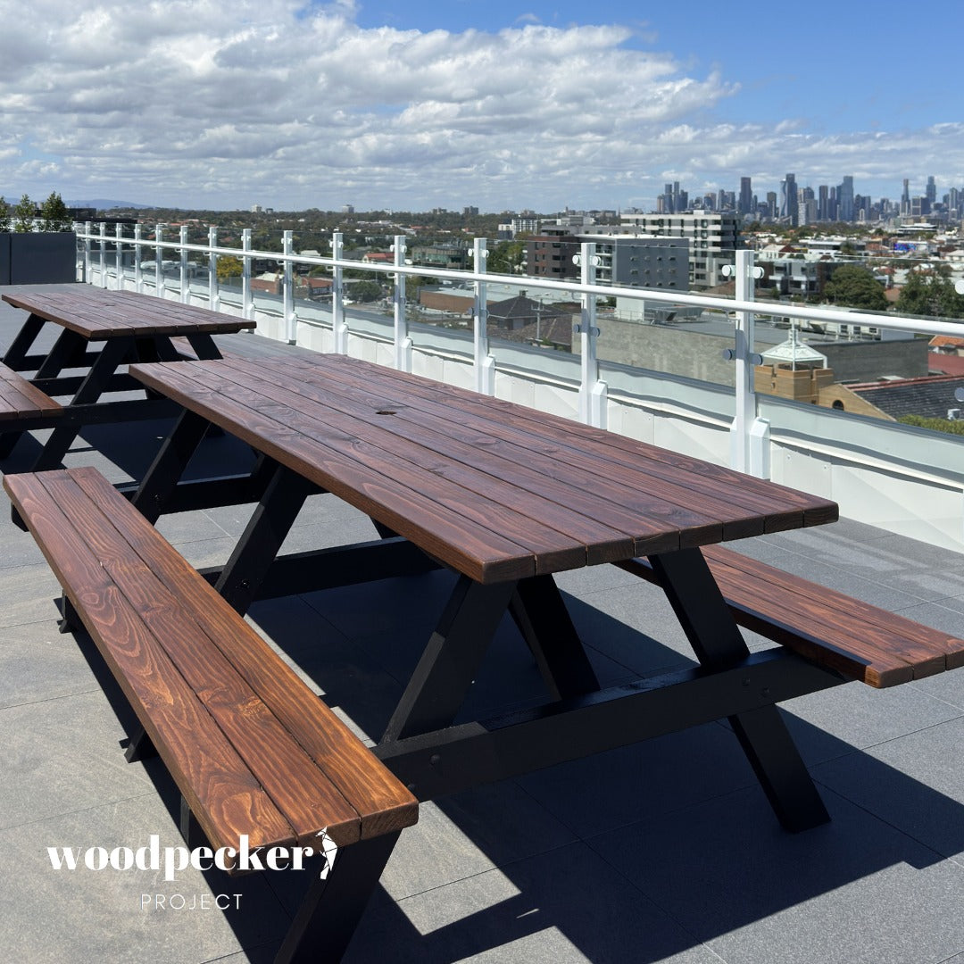 Wooden picnic tables for outdoor gatherings