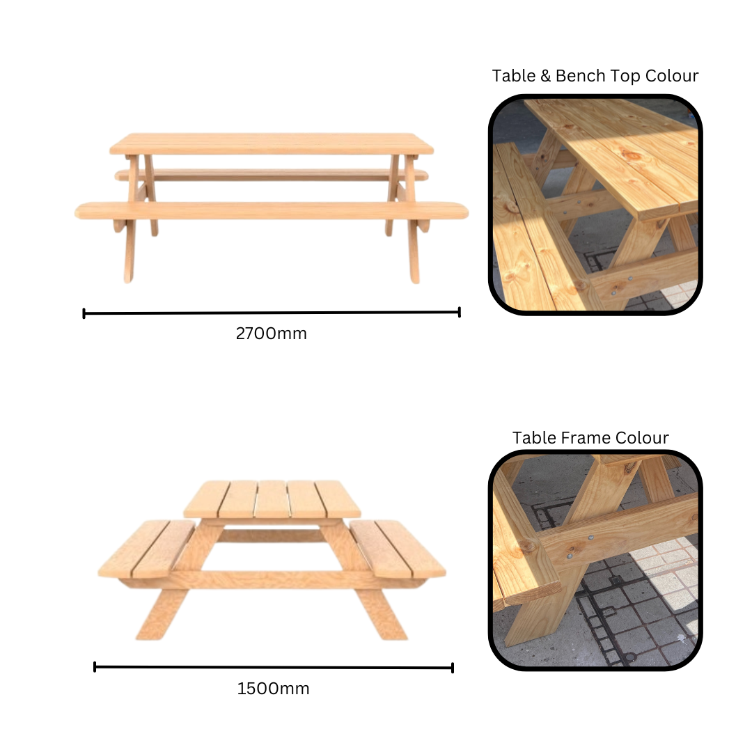 Create lasting memories with this traditional spruce picnic table, featuring a classic design and robust construction, perfect for picnics, outdoor lunches, and gatherings with family and friends in your backyard or favorite park.