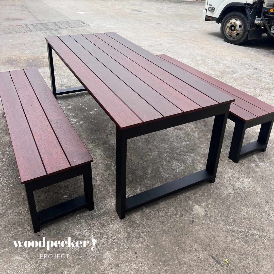 High-quality Merbau wood outdoor table set, perfect for family dinners and social gatherings in the open air