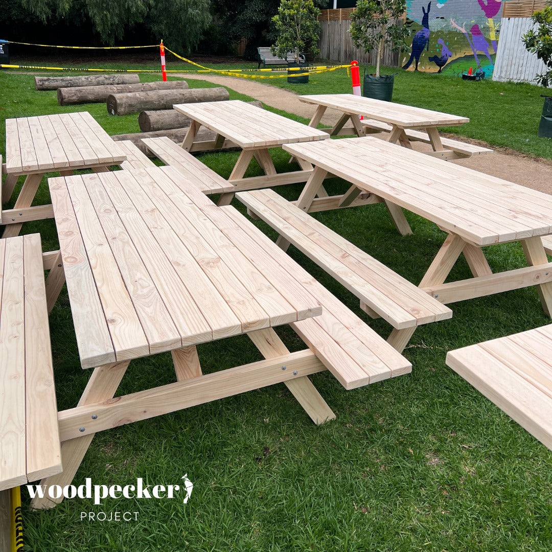 Classic picnic tables for sunny days