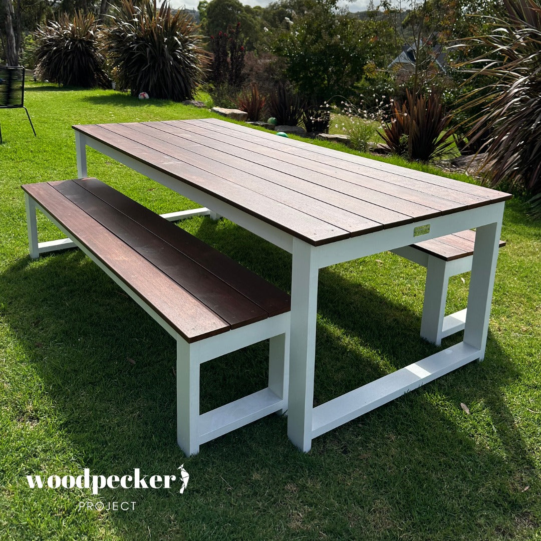 Durable Merbau wood outdoor table set, ideal for enhancing garden and patio spaces with a touch of elegance