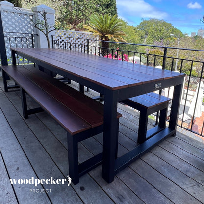 Classic Merbau wood outdoor dining table set, suitable for terrace use and adding a natural touch to outdoor decor