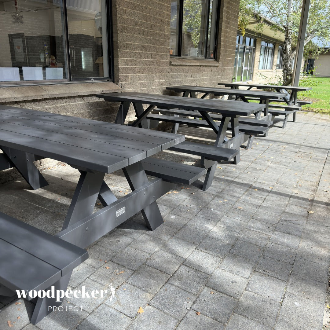 Versatile pine and hardwood picnic table set suitable for parks, schools, and campgrounds.