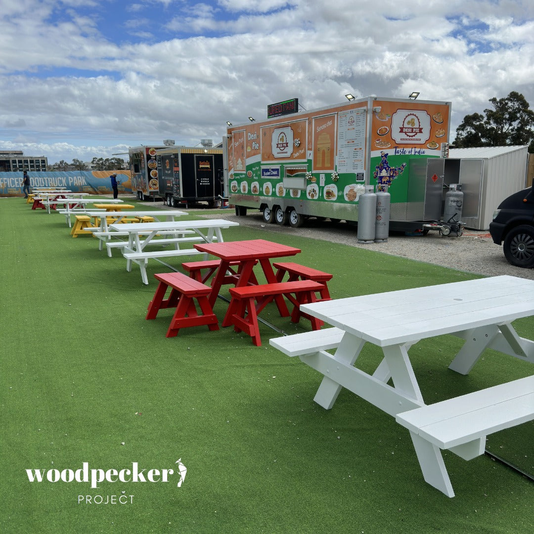 Solid pine and hardwood picnic table for casual outdoor meals and gatherings.