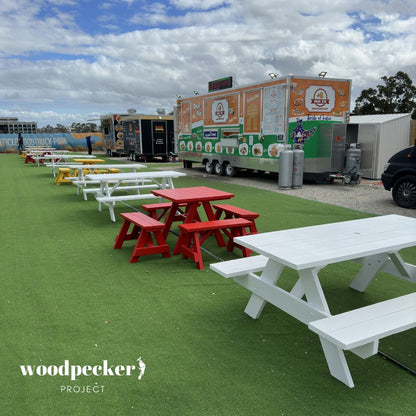 Solid pine and hardwood picnic table for casual outdoor meals and gatherings.