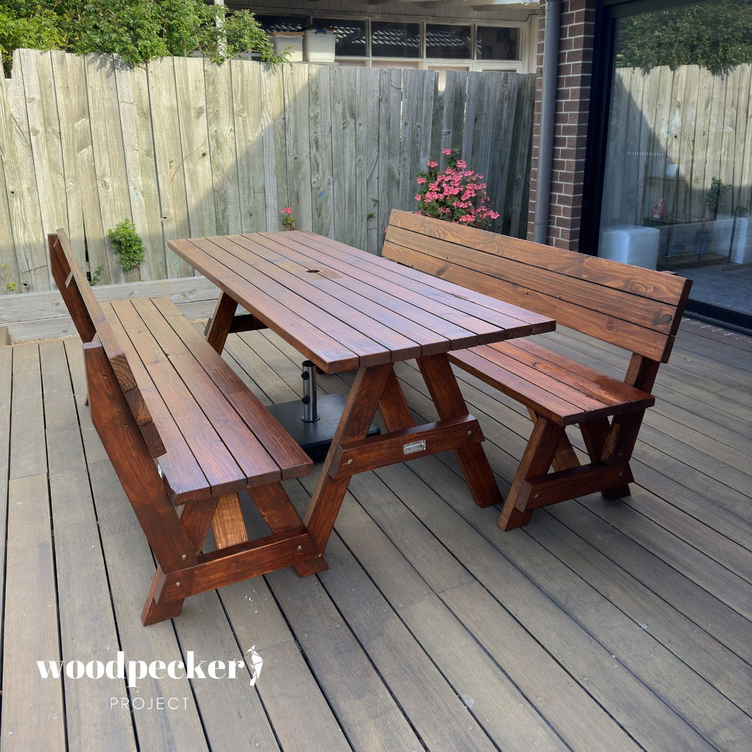 A versatile picnic table set with a large table and separated benches that include supportive backrests, great for picnics and outdoor parties