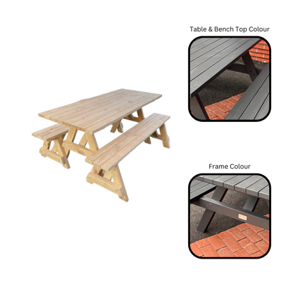 A space-saving picnic table set with a folding bench design, allowing for easy setup and compact storage