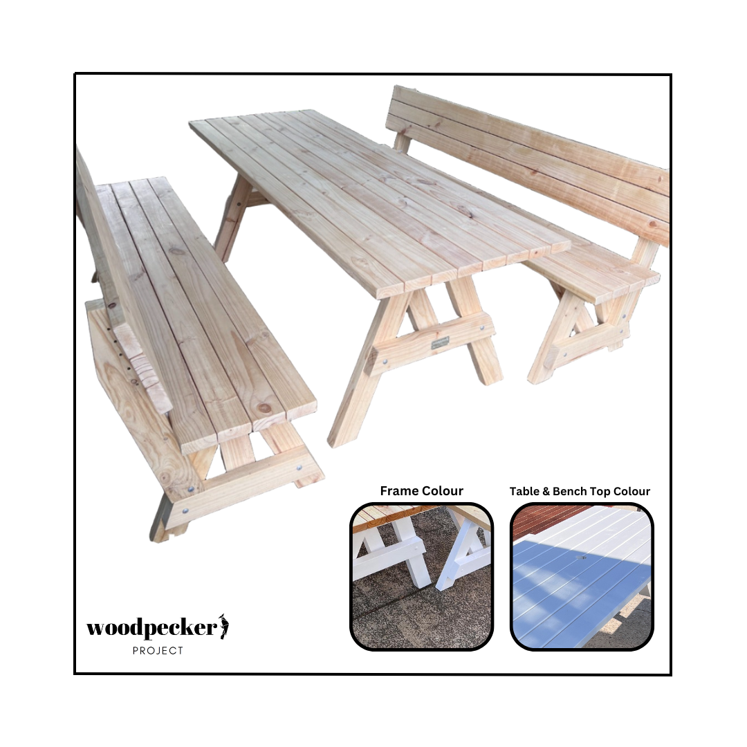 A premium outdoor picnic table set with a spacious wooden table and ergonomic benches with backrests, ensuring maximum comfort for gatherings